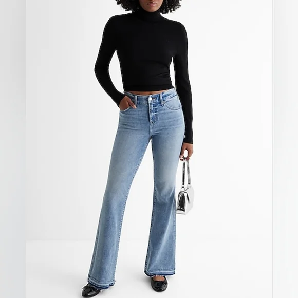 EXPRESS: Mid Rise Light Wash Drop Hem FlexX 70s Flare Jeans - Picture 4 of 9